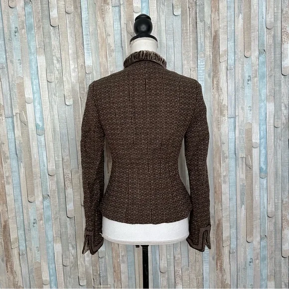 Tahari XS Brown Tweed Wool Velvet Collar Snap Blazer Jacket Vintage Victorian - Picture 6 of 8